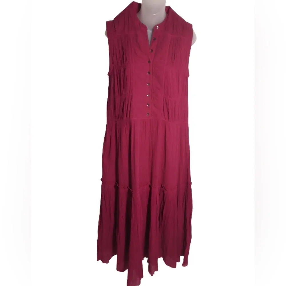 Joie Sleeveless Cantralla Crinkle Cotton Midi Burgundy Button Front Dress Sz M - Picture 3 of 8